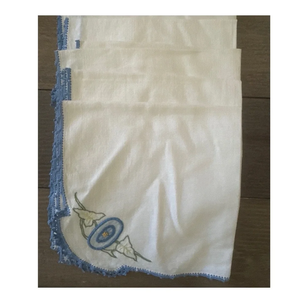 Vintage Hand Embroidered Morning Glory Linen Napkins Blue Crochet Lace Set of 4